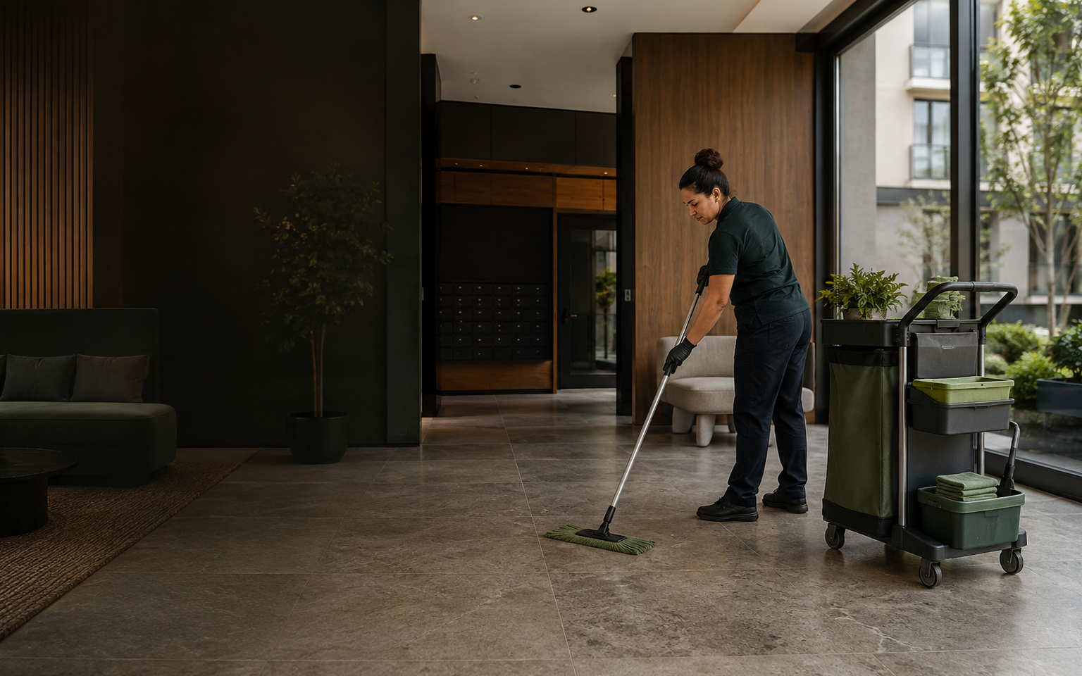 Profesional de limpieza trabajando en el vestíbulo de un edificio multifamiliar